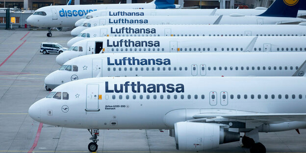 Mehrere Lufthansamaschinen stehen auf dem Rollfeld.