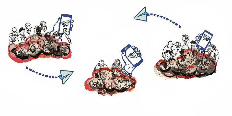 Illustration von Menschengruppen auf Wolken und Papierfliegern, die dem Logo von telegram nachenpfunden sind
