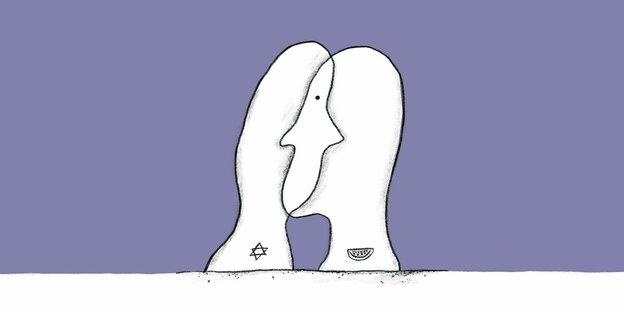 Illustration mit einem jüdischen und einem palästinensischen Symbol.